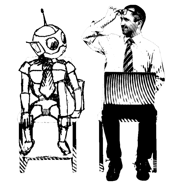 Ilustración de un robot y un hombre sentados frente a frente: GEO frente a SEO